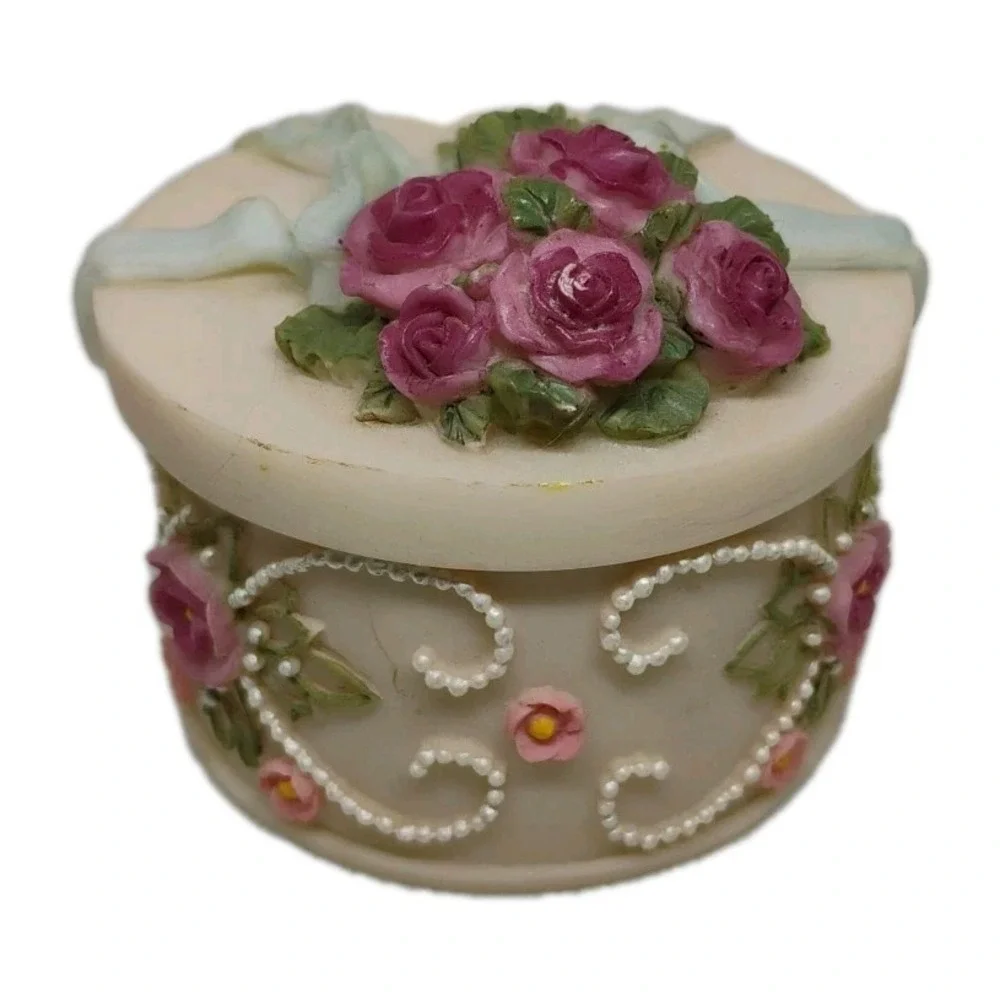 Vintage Dezine ? Hand Painted Roses‎ Pearls Trinket Box W/Lid